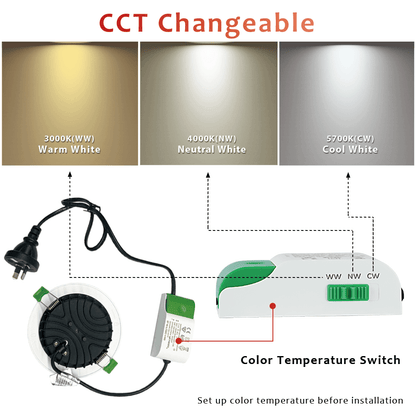 12W White Tri-Colour Trimless Aluminium LED Downlight 90mm cut out