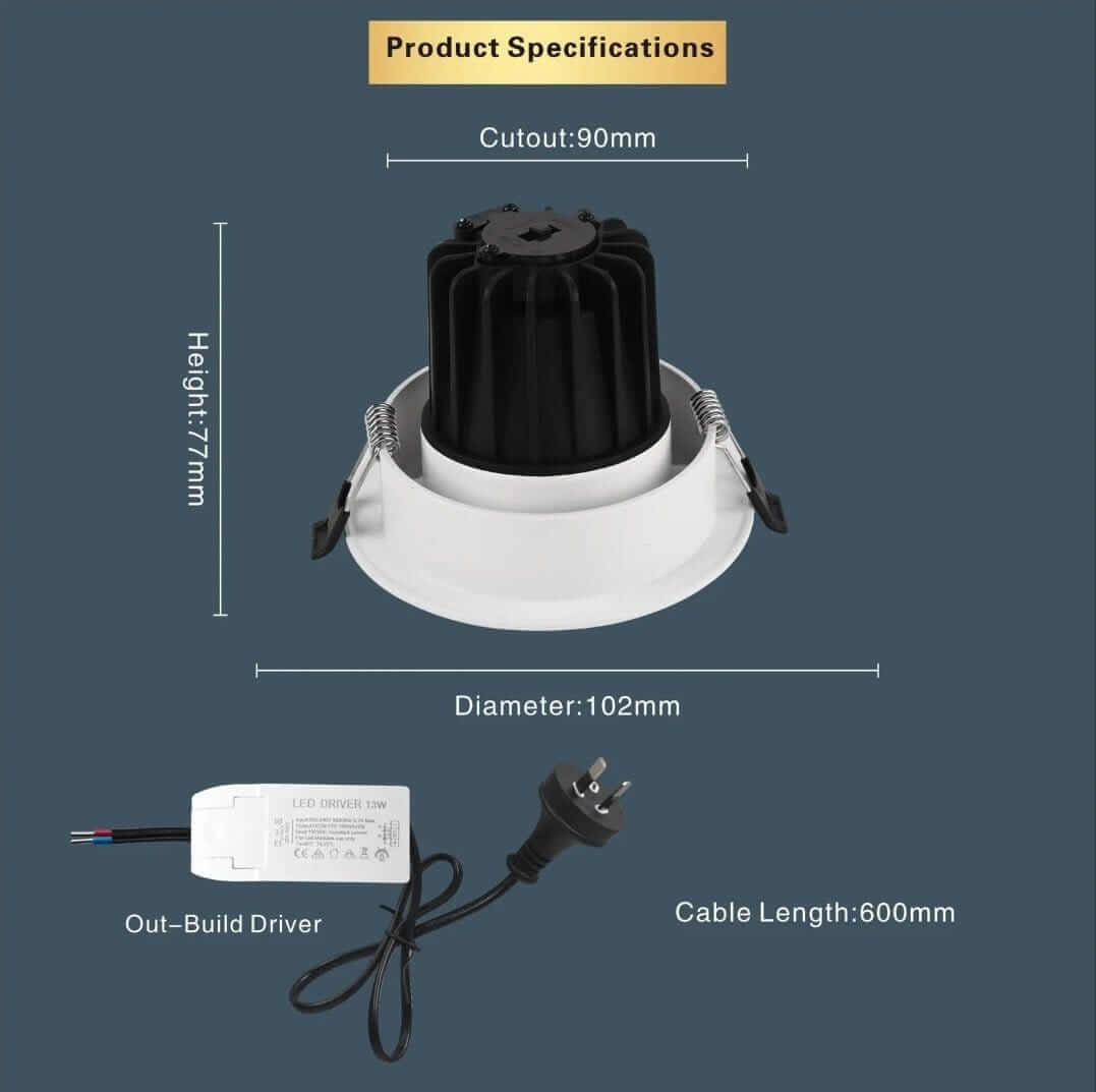 EYRE 13W White Tri-Colour Dimmable Tiltable LED Downlight 90mm Cut Out