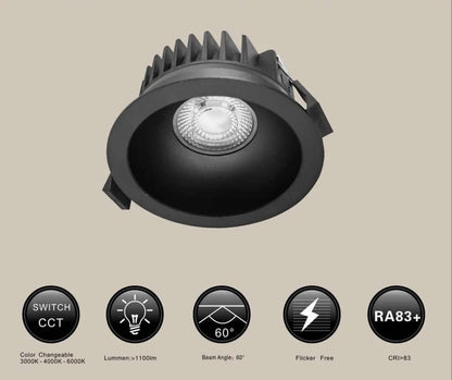 NULLABOR 13W Tri-Colour Dimmable Low Profile Anti-glare LED Downlight 90mm Cut Out-LED Downlight-Eclux