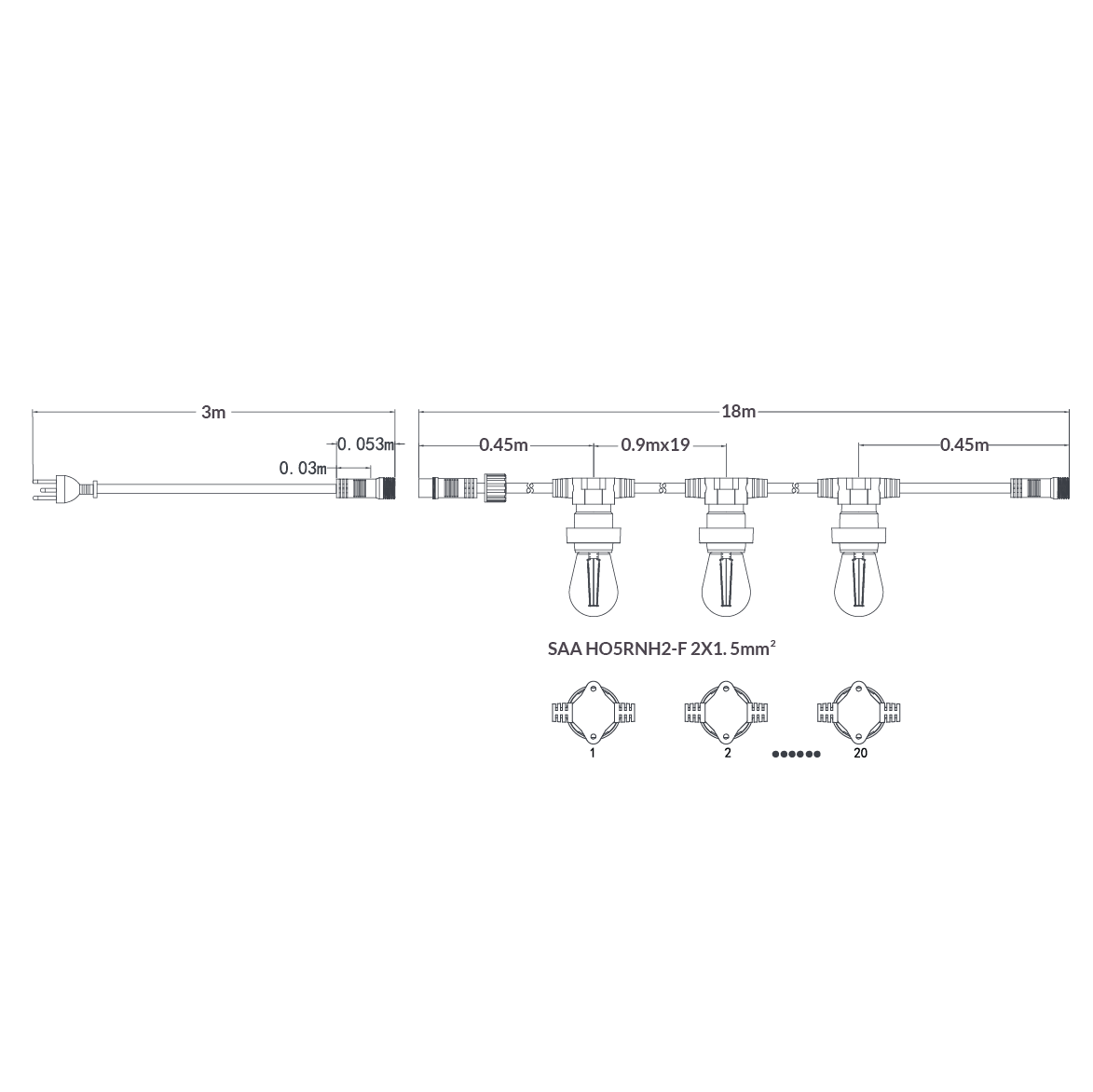 18M Festoon String Lights at 90 cm intervals with 20 LED Bulbs Liquidleds, Festoon String, 18m-festoon