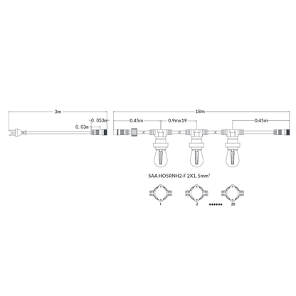 18M Festoon String Lights at 90 cm intervals with 20 LED Bulbs Liquidleds, Festoon String, 18m-festoon