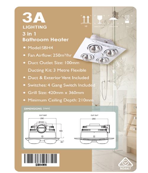 3A 4 Light Heat Bathroom 3-in-1 Heater-Bathroom Heaters-3A