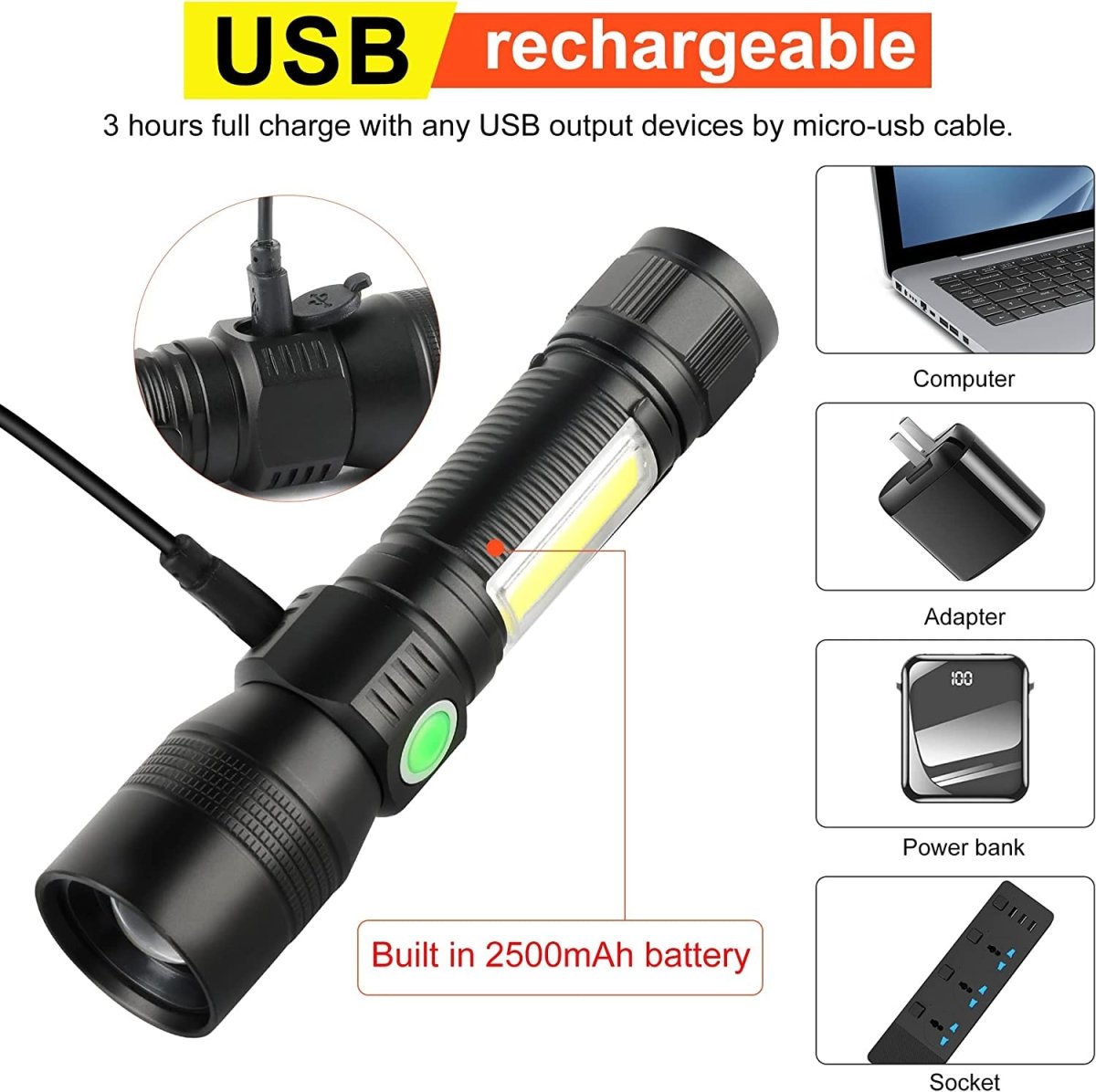 7 Modes Waterproof Rechargeable UV Light Flashlight Torch for Camping-Outdoor > Camping-Dropli