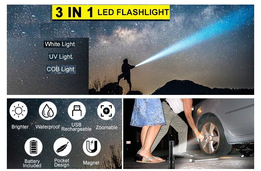 7 Modes Waterproof Rechargeable UV Light Flashlight Torch for Camping-Outdoor > Camping-Dropli