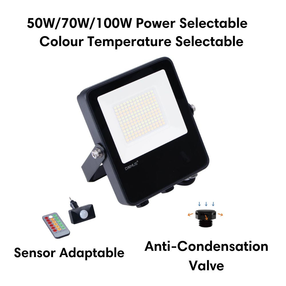 Domus BLAZE-PRO - 50/70/100W LED Tri-Colour Power Selectable Sensor Adaptable Small Size DIY Floodlight IP66