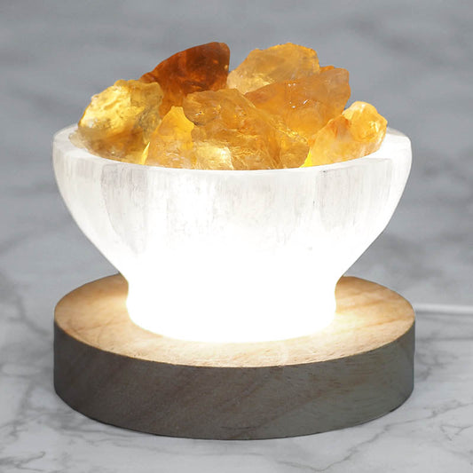 Selenite Fire Bowl With Citrine Rough on Large LED Base