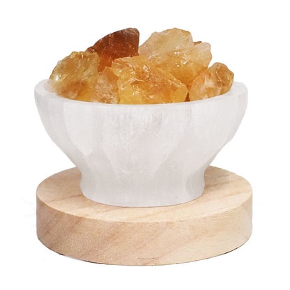 Selenite Fire Bowl With Citrine Rough on Large LED Base