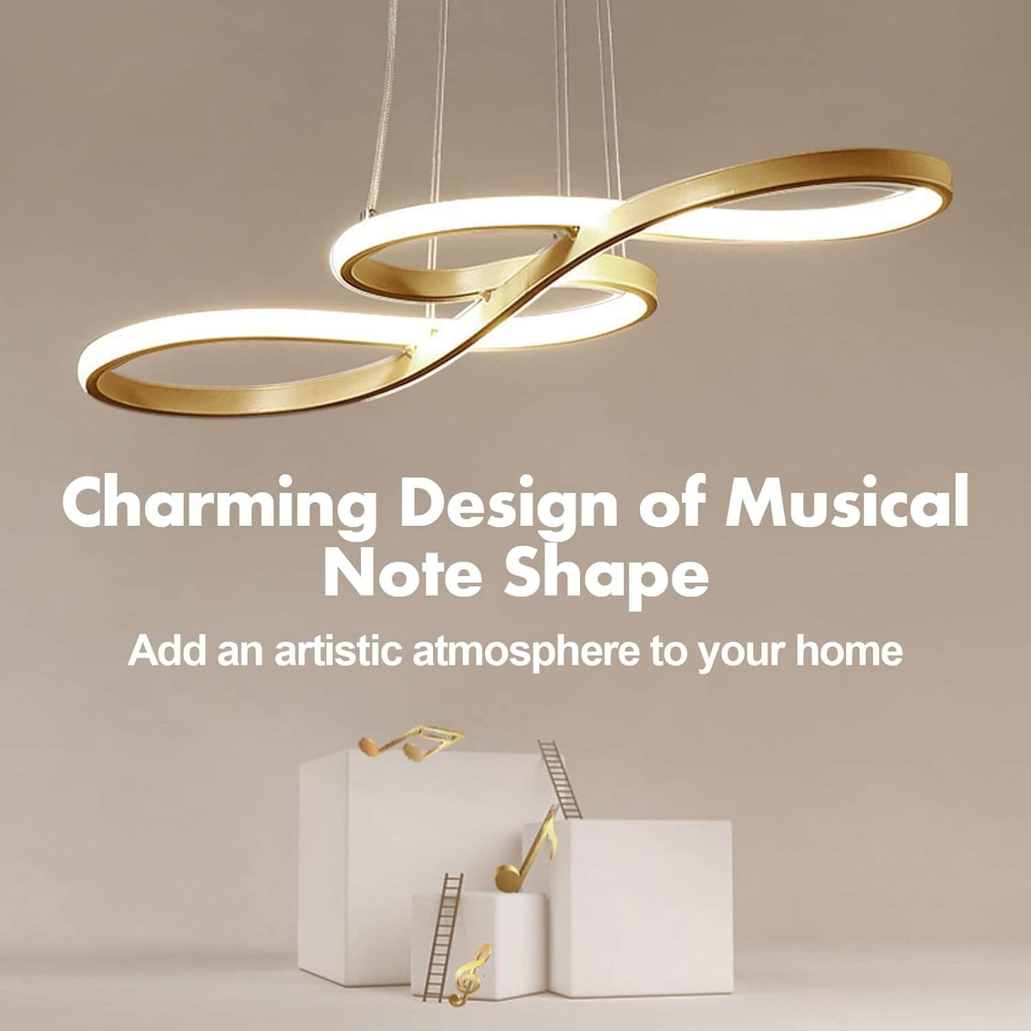 LED Modern Chandelier, Musical Note, Dimmable Pendant, Gold