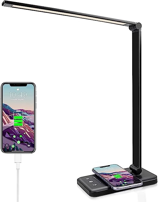 GOMINIMO LED Desk Lamp with Wireless Charger & USB Charging Port with 5 Brightness Levels & 5 Lighting Modes (Black)