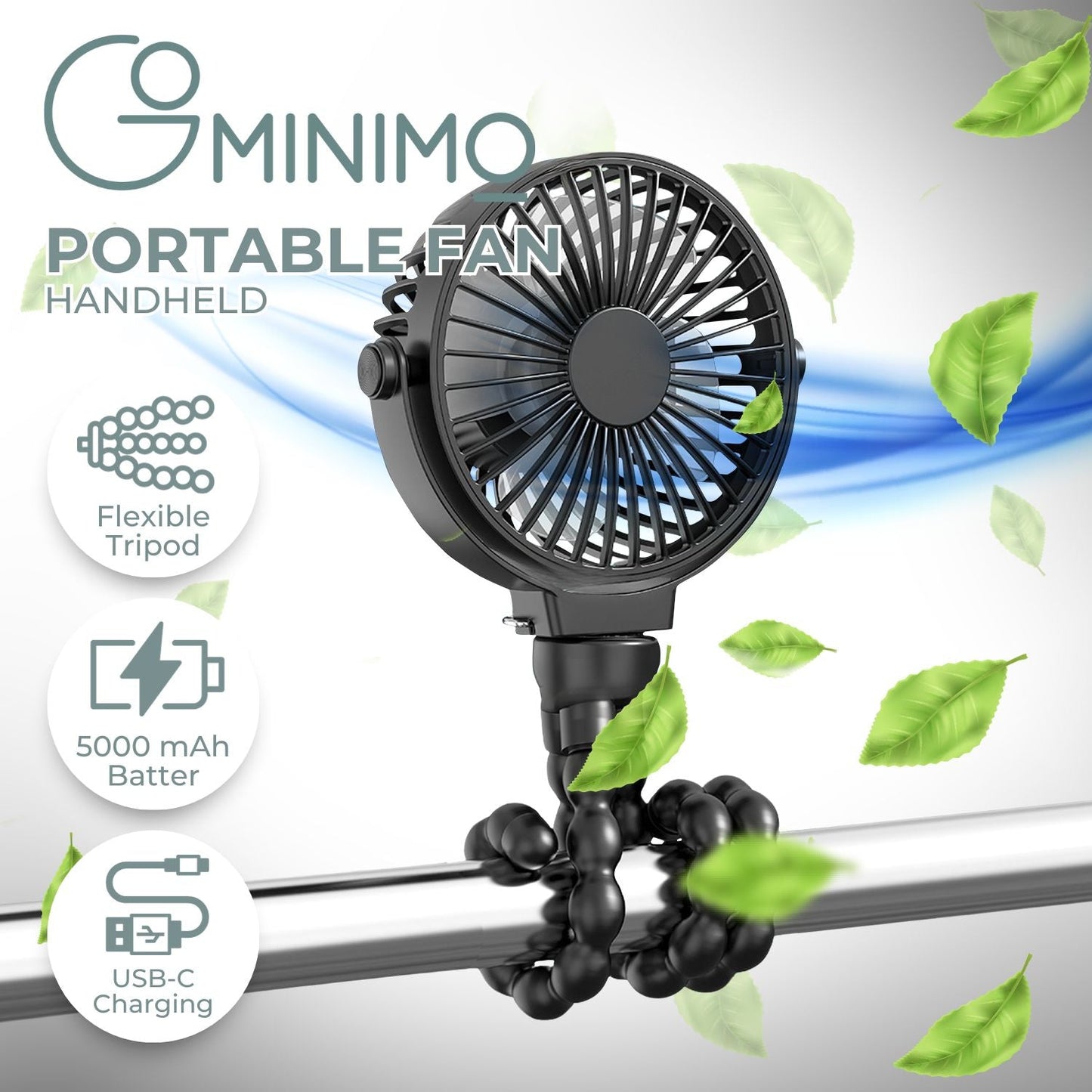 GOMINIMO 5000mAh Rechargeable Clip Fan with Flexible Tripod (Black) GO-CF-101-QF