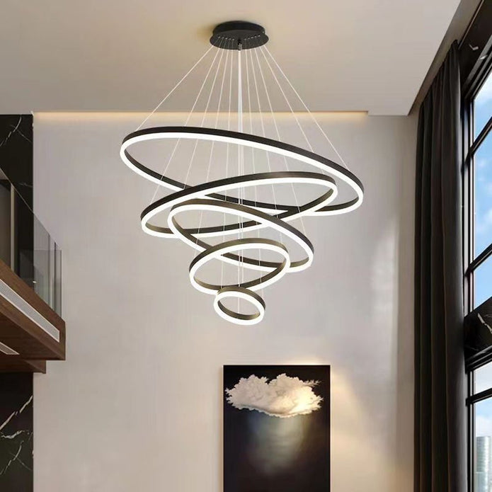 Black 5 Rings Minimalist LED Pendant Light Adjustable Circular Chandelier