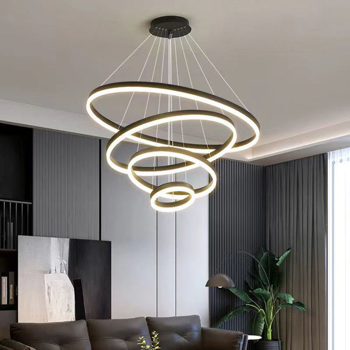 Black 5 Rings Minimalist LED Pendant Light Adjustable Circular Chandelier