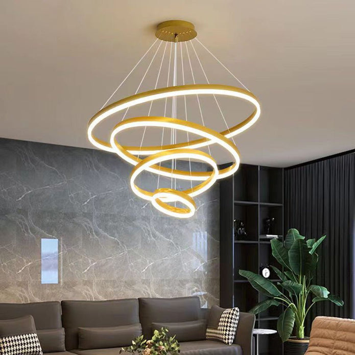 Gold 3 Rings Minimalist LED Pendant Light Adjustable Circular Chandelier