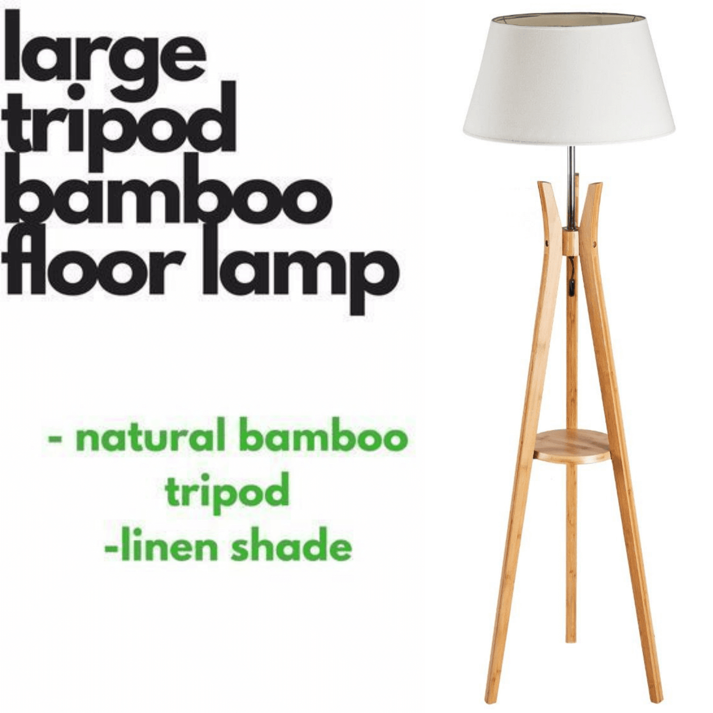 LARGE BAMBOO TRIPOD FLOOR LAMP Linen Shade Modern Light Vintage Wooden Scandi