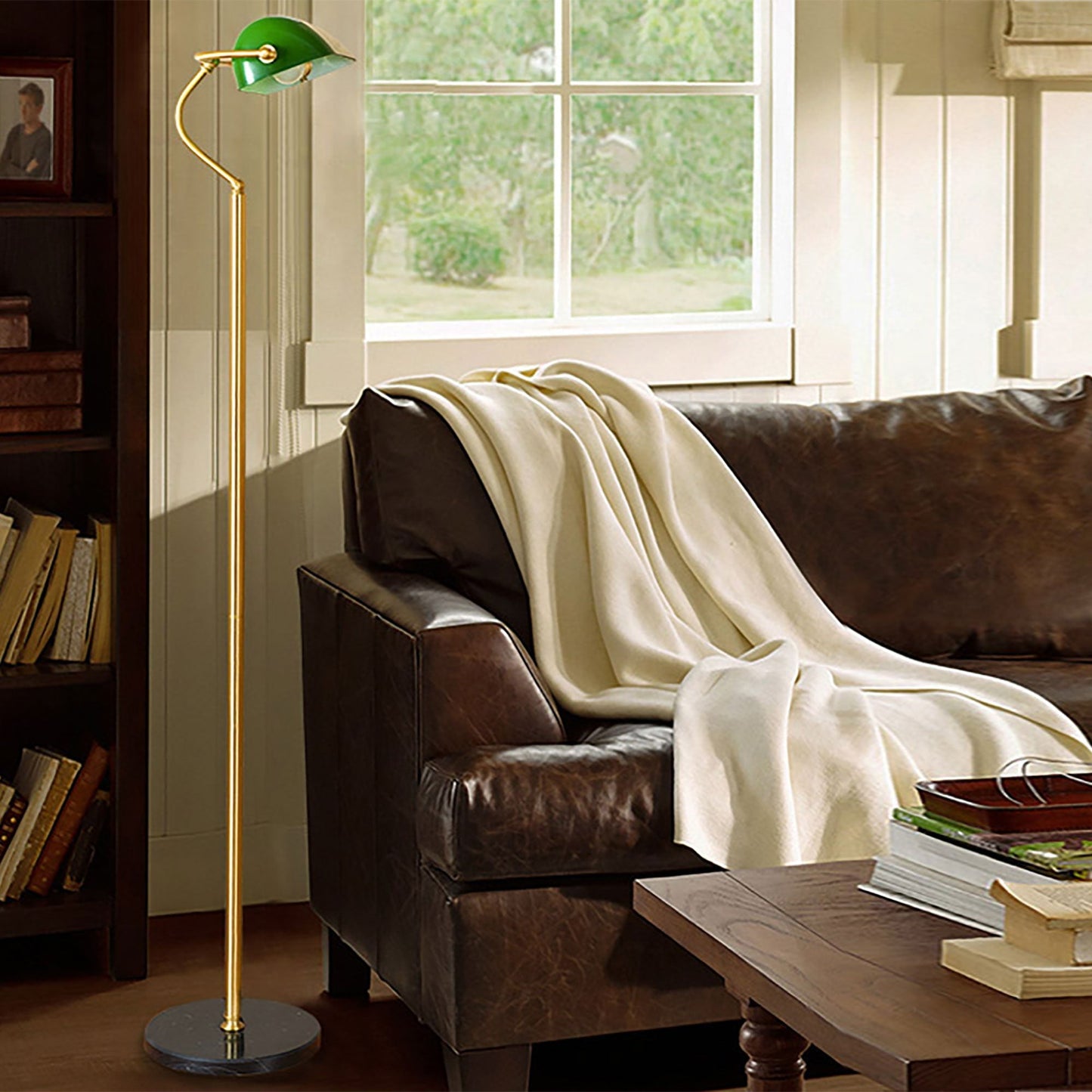 Bankers 1 Light Floor Lamp Antique Brass & Green - OL99443AB-Floor Lamps-Oriel Lighting