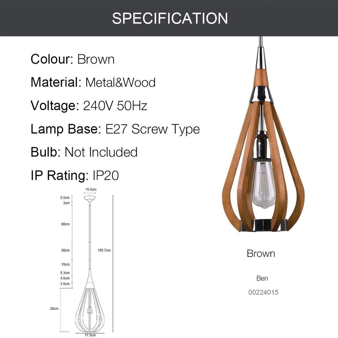 BONITO 1-Light Dark Brown Timber Pendant Light with a tear drop shape-Pendant Light-Dropli