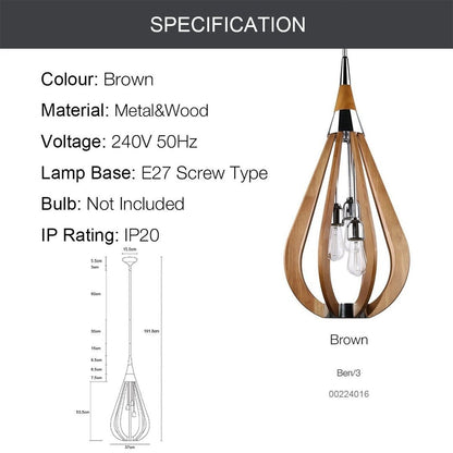 BONITO 3-Light Dark Brown Timber Pendant Light with a tear drop shape-Pendant Light-Dropli