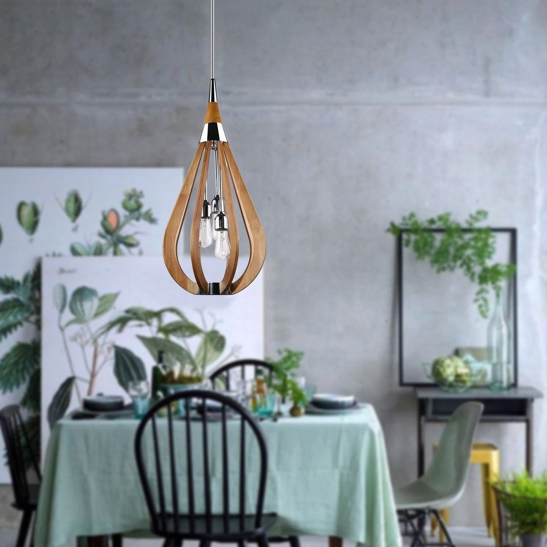 BONITO 3-Light Dark Brown Timber Pendant Light with a tear drop shape-Pendant Light-Dropli