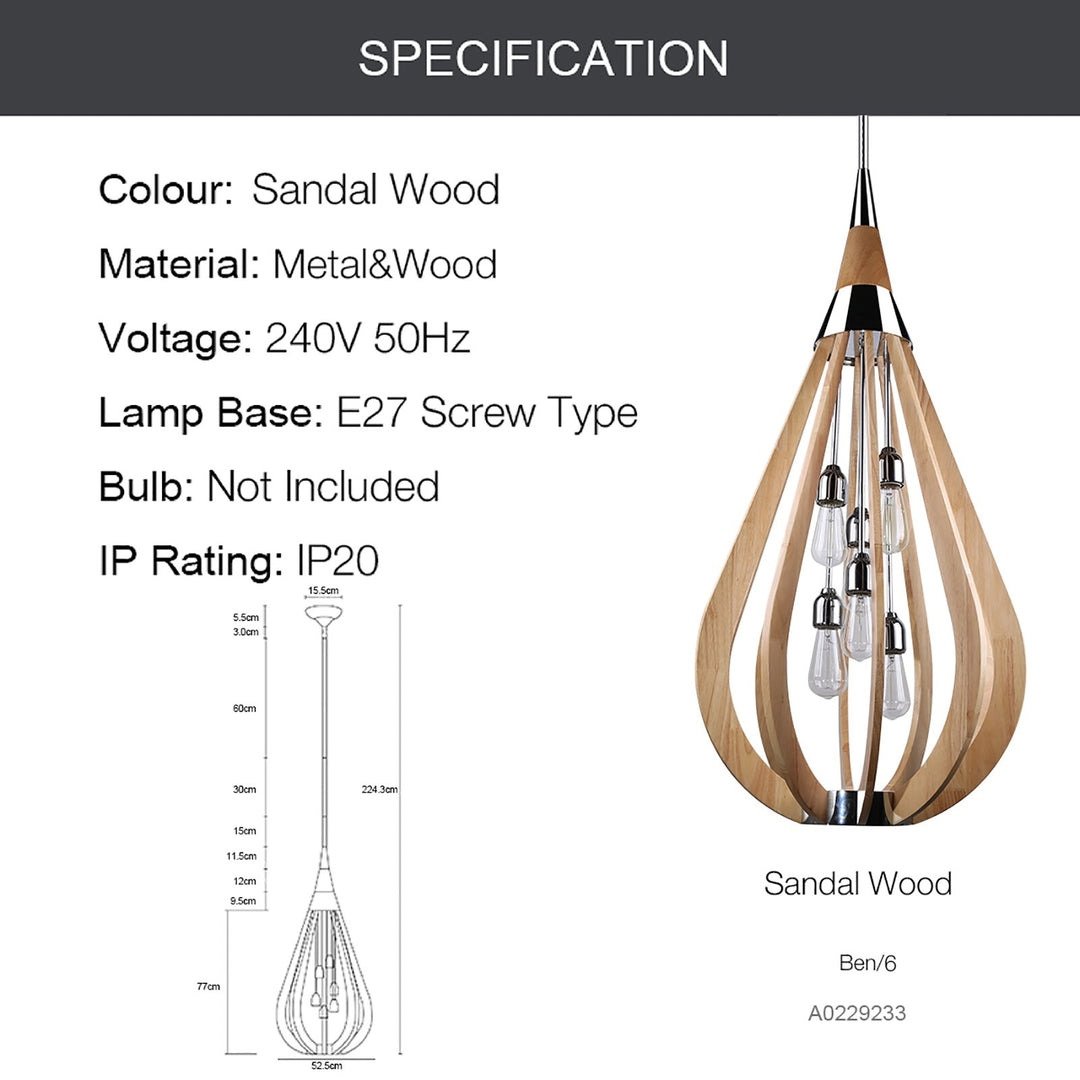 BONITO 6-Light Natural Timber Pendant Light with a tear drop shape-Pendant Light-Dropli