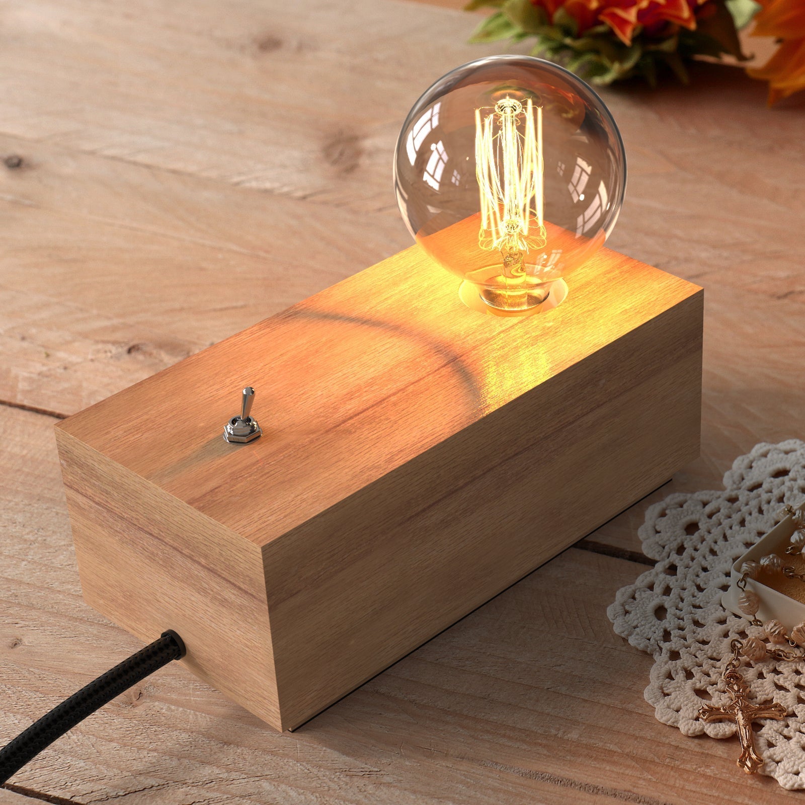 Edison Industrial Style Natural Solid Wood Table light with E27 Lamp base-Table Light-Dropli