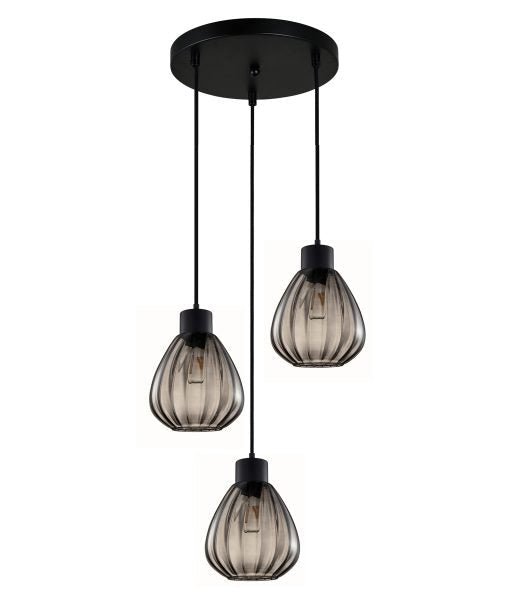 Interior Black Smoke Wine Glass Ribbed 3 Light Cluster Pendant - TULIP2X3R-Cluster Pendants-CLA Lighting