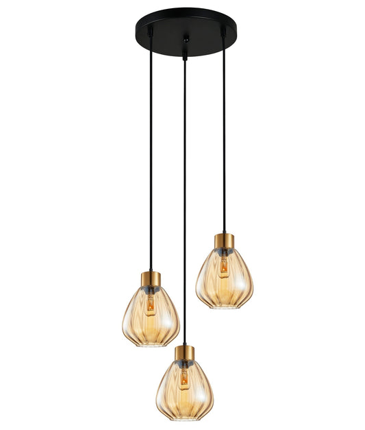 Interior Bronze Amber Wine Glass Ribbed 3 Light Cluster Pendant - TULIP1X3R-Cluster Pendants-CLA Lighting