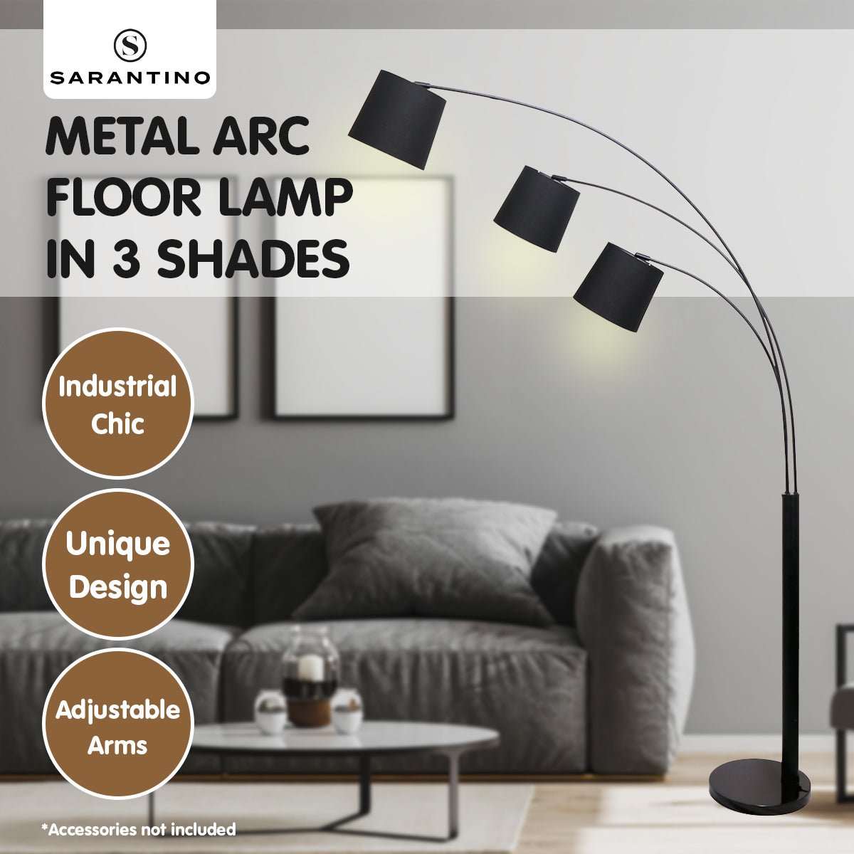 Sarantino 3-Light Arc Floor Lamp Adjustable Black 3 Shades-Home & Garden > Lighting-Koala Lamps and Lighting