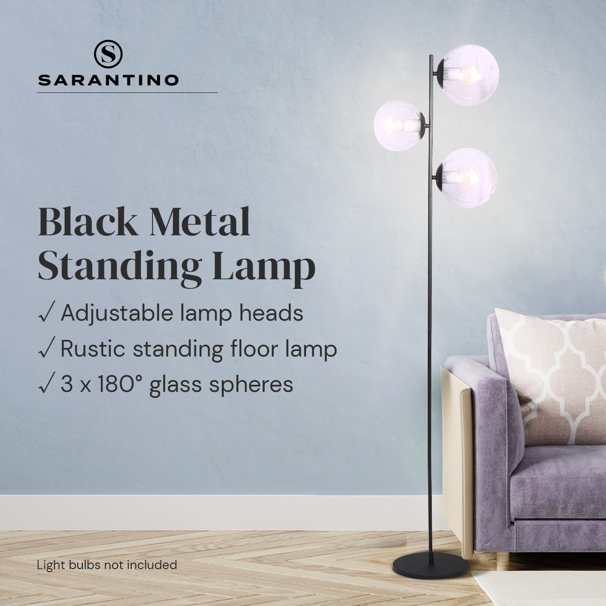 Sarantino 3-Light Black Metal Floor Lamp-Home & Garden > Lighting-Koala Lamps and Lighting