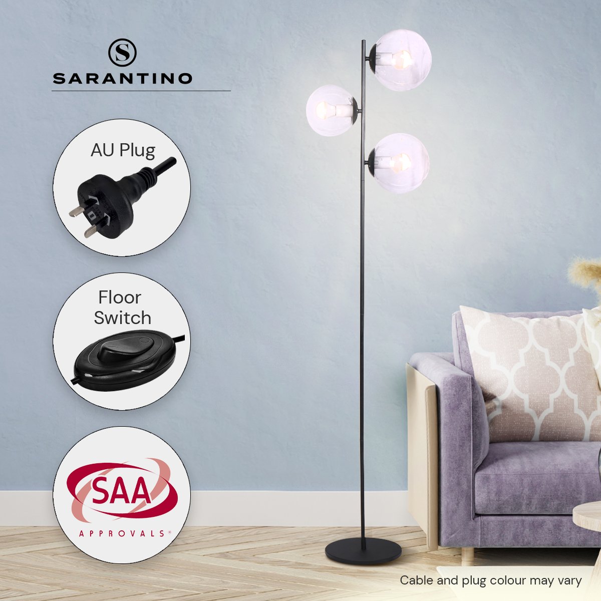 Sarantino 3-Light Black Metal Floor Lamp-Home & Garden > Lighting-Koala Lamps and Lighting