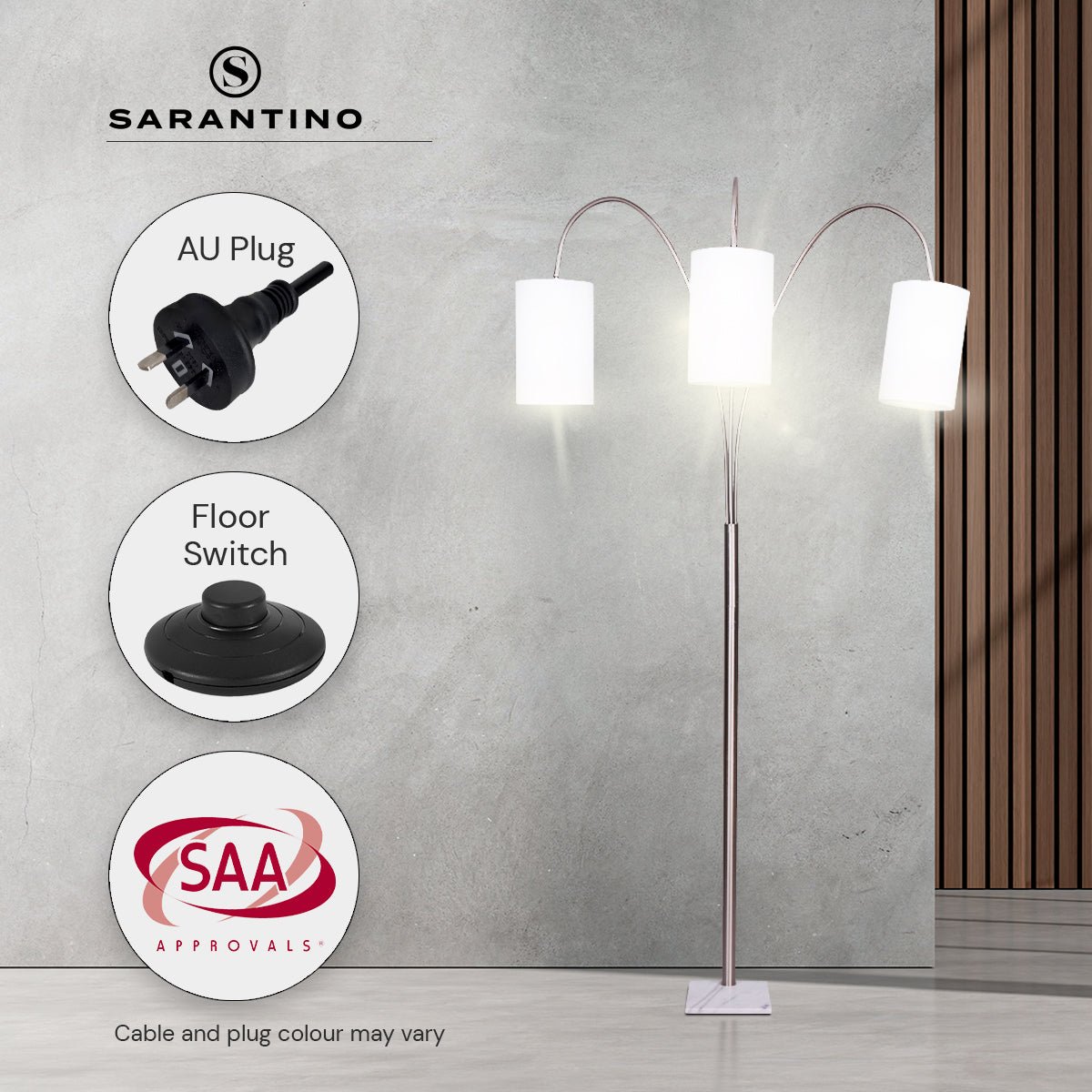 Sarantino 3-Light Metal Arc Floor Lamp - Nickel & Marble Finish-Home & Garden > Lighting-Koala Lamps and Lighting