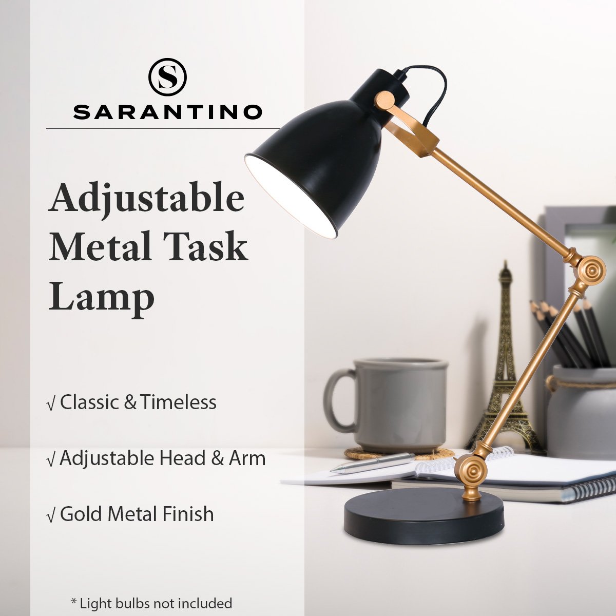 Sarantino Adjustable Metal Table Lamp In Black And Gold-Home & Garden > Lighting-Koala Lamps and Lighting