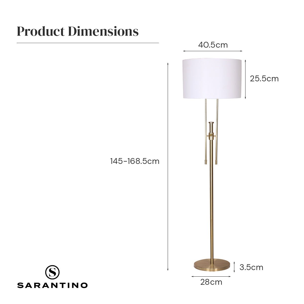 Sarantino Brushed Gold Height-Adjustable Metal Floor Lamp-Home & Garden > Lighting-Koala Lamps and Lighting