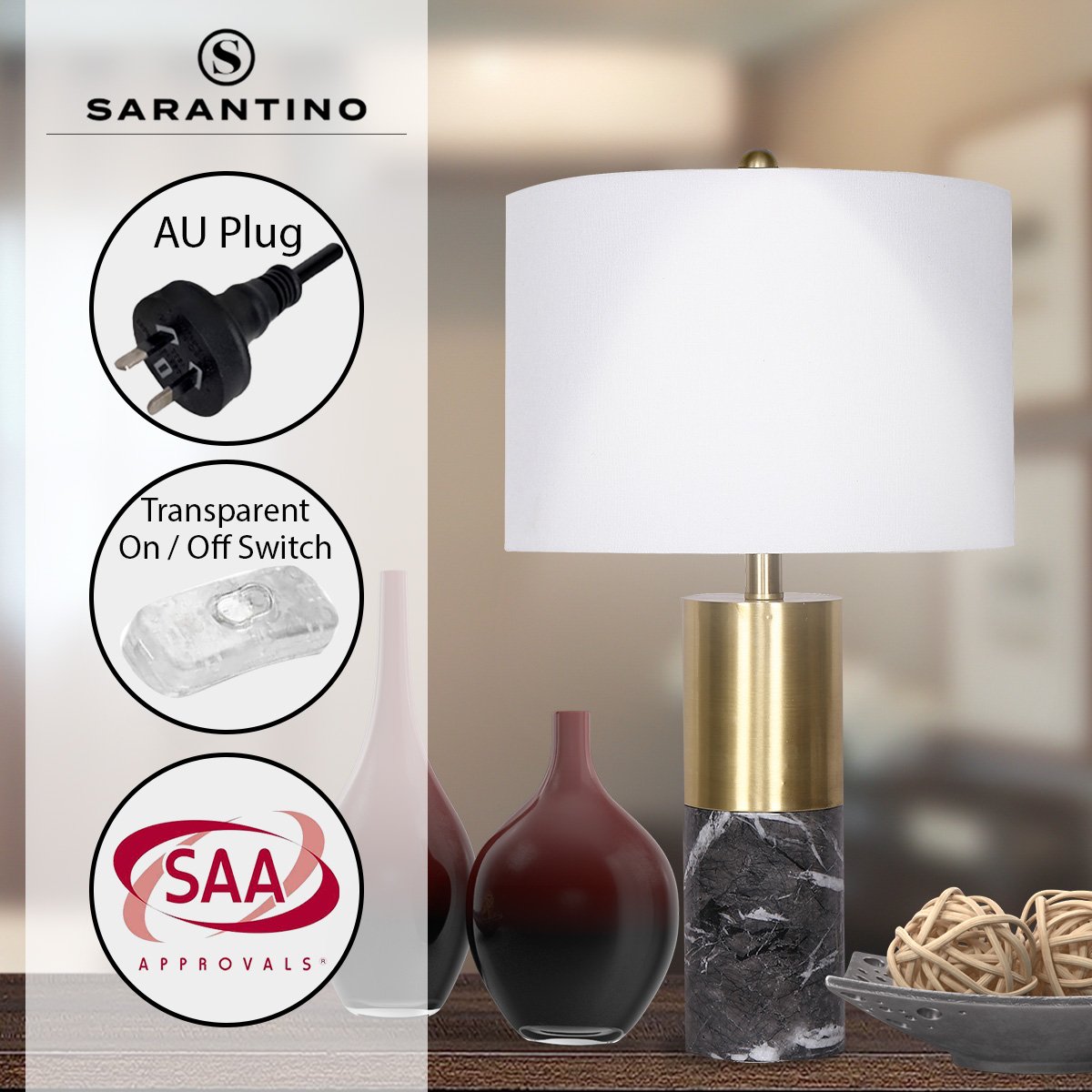 Sarantino Metal and Marble Table Lamp in Black-Home & Garden > Lighting-Koala Lamps and Lighting