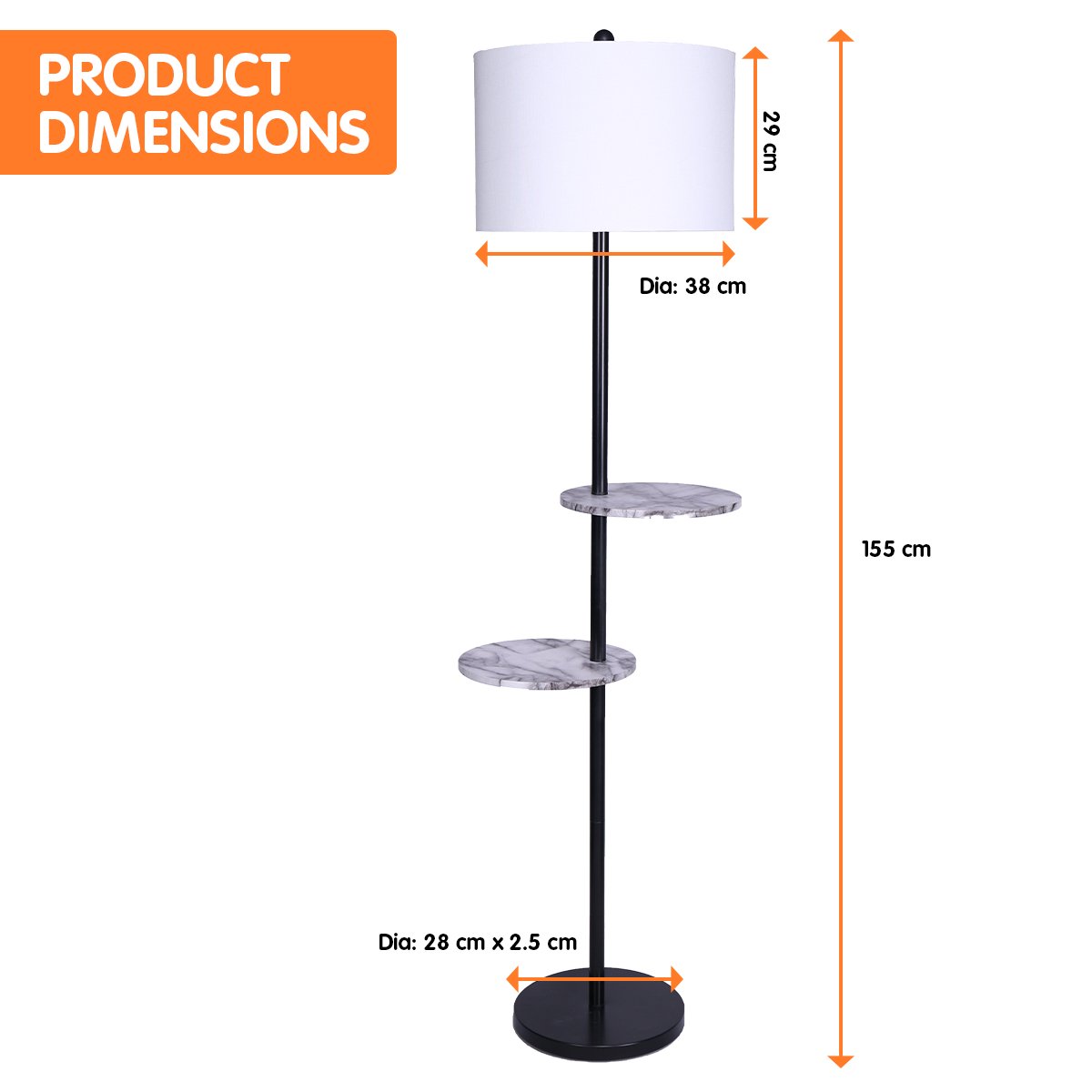 Sarantino Metal Floor Lamp Shade Black Post in Marble Finish Shelves-Home & Garden > Lighting-Koala Lamps and Lighting