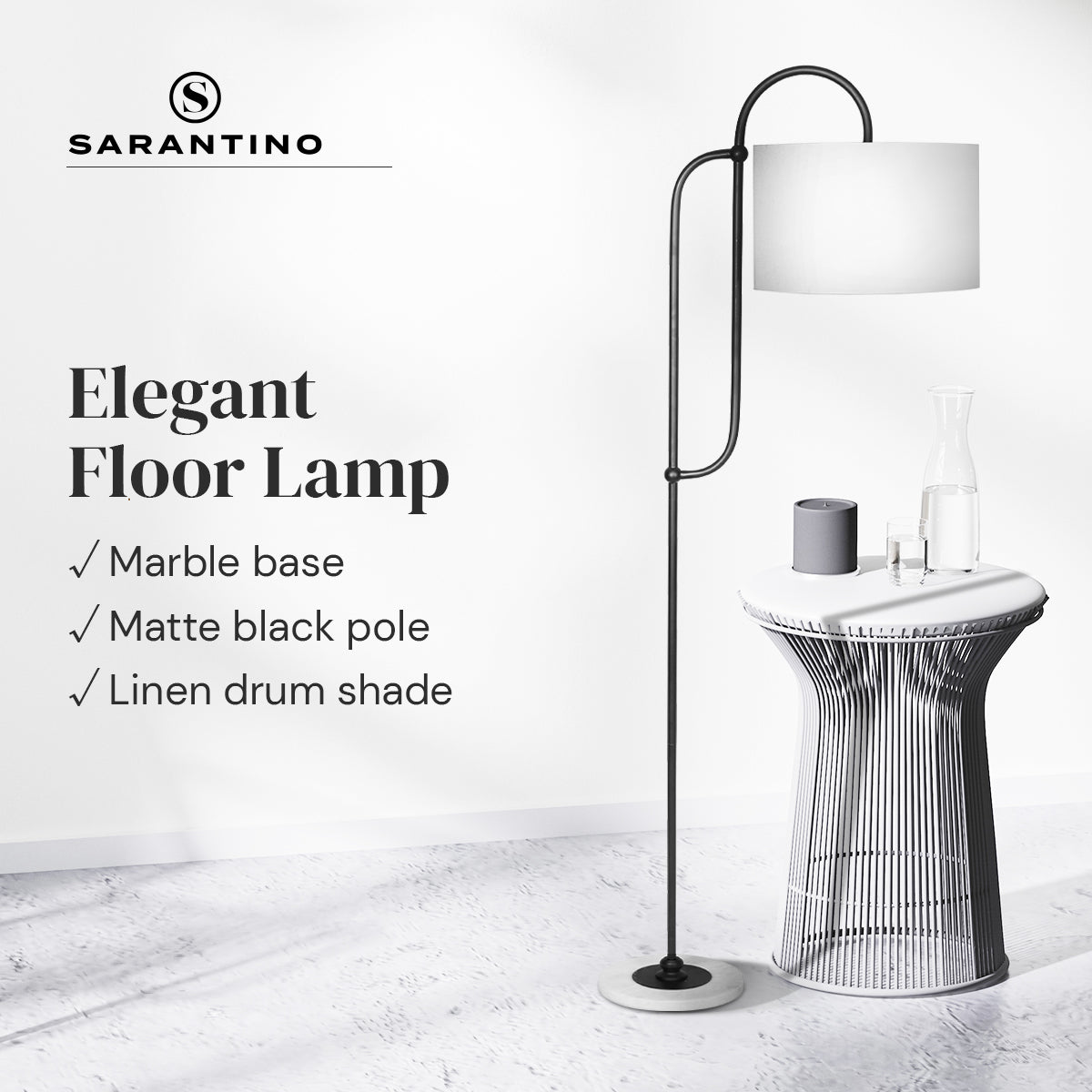 Sarantino Metal Floor Lamp with Marble Base & Off-White Shade-Home & Garden > Lighting-Koala Lamps and Lighting