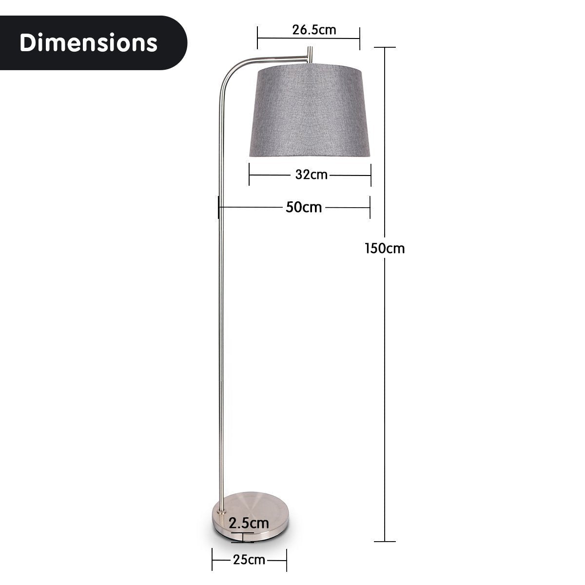 Sarantino Metal Task Floor Lamp Nickel Finish with Grey Fabric Shade-Home & Garden > Lighting-Koala Lamps and Lighting