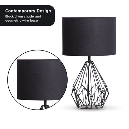 Sarantino Metal Wire Table Lamp in Black Finish With Black Drum Shade-Home & Garden > Lighting-Koala Lamps and Lighting