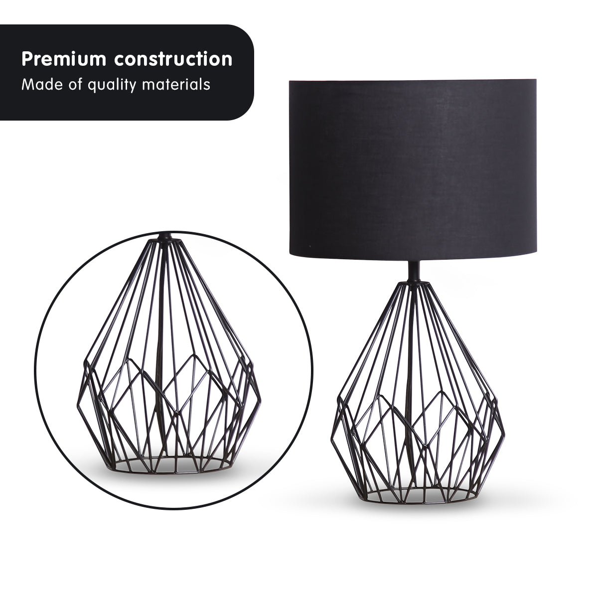 Sarantino Metal Wire Table Lamp in Black Finish With Black Drum Shade-Home & Garden > Lighting-Koala Lamps and Lighting