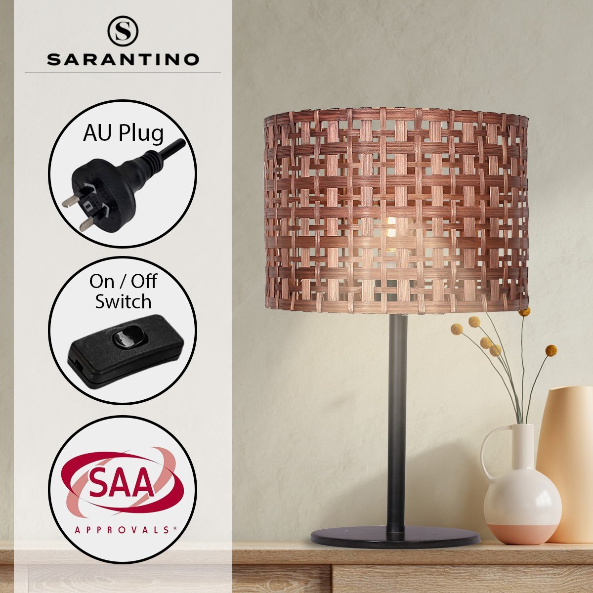 Sarantino Rattan Desk Lamp With Black Marble Base-Home & Garden > Lighting-Koala Lamps and Lighting