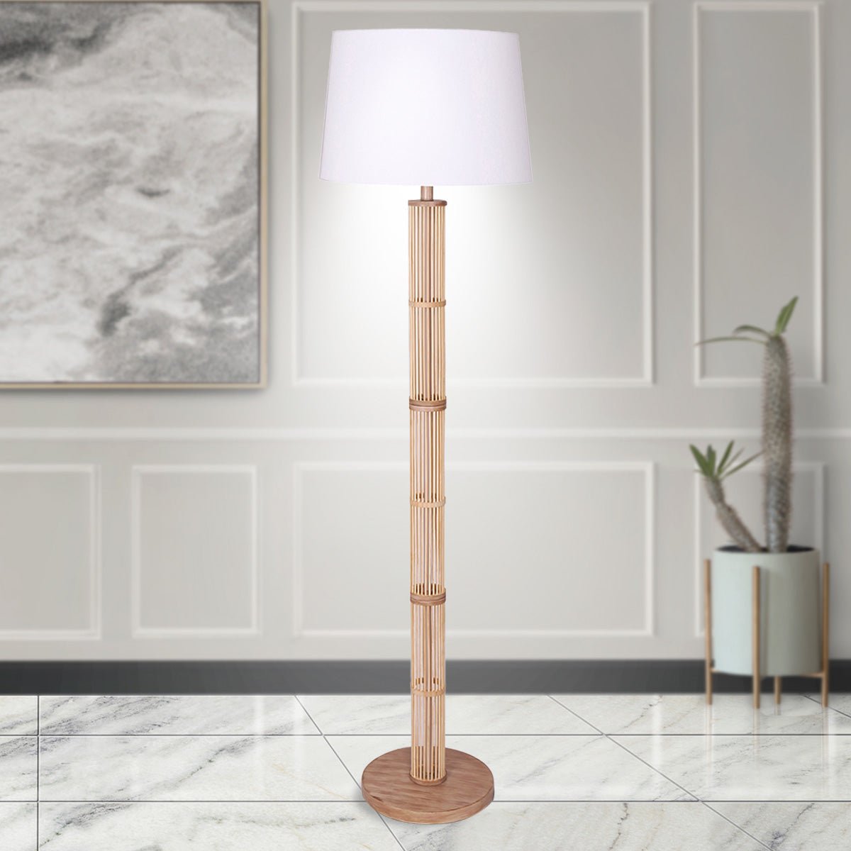 Sarantino Rattan Floor Lamp With Off-White Linen Shade by Sarantino-Home & Garden > Lighting-Koala Lamps and Lighting