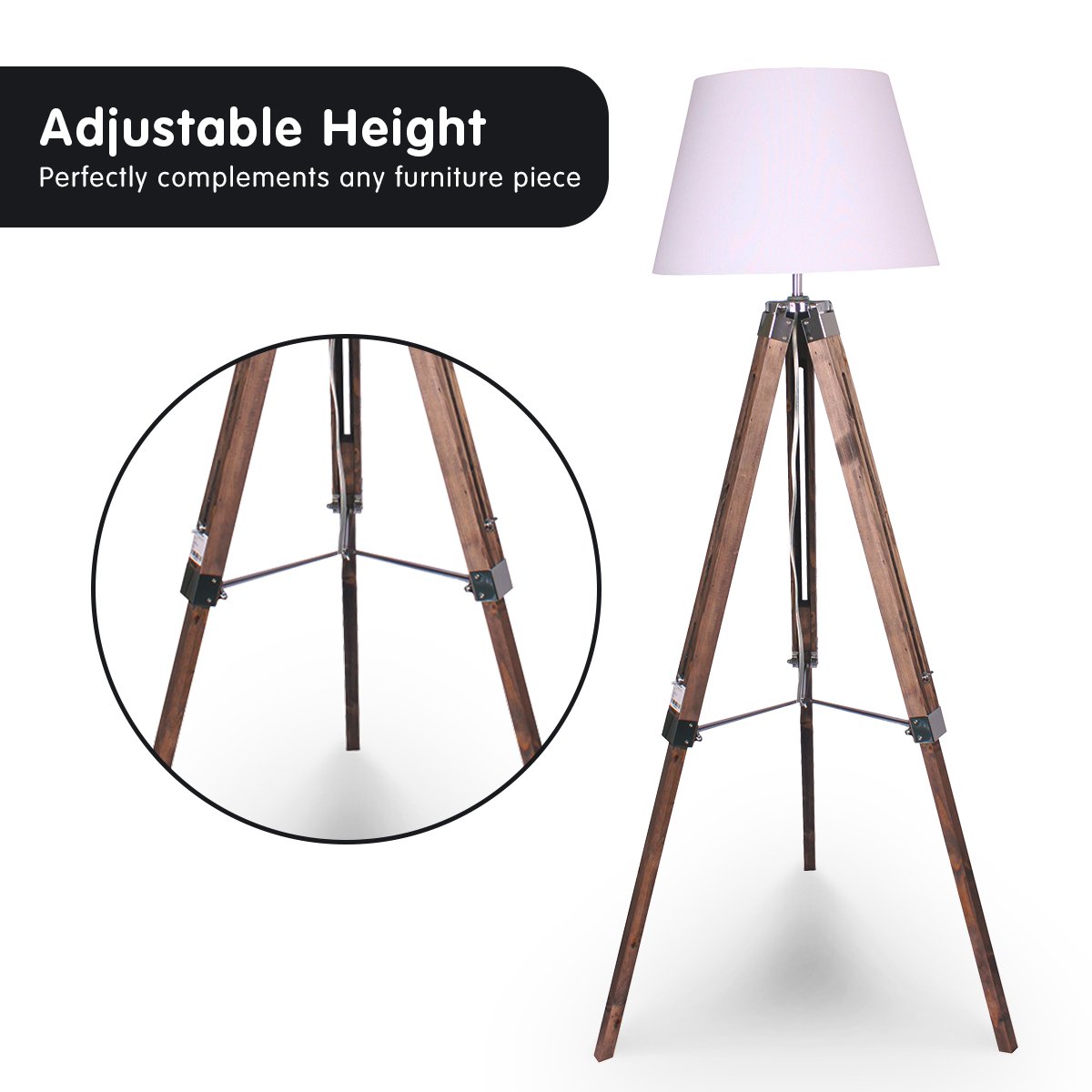 Sarantino Solid Wood Tripod Floor Lamp Adjustable Height White Shade-Home & Garden > Lighting-Koala Lamps and Lighting