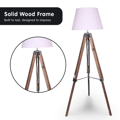 Sarantino Solid Wood Tripod Floor Lamp Adjustable Height White Shade-Home & Garden > Lighting-Koala Lamps and Lighting