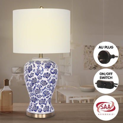 Sarantino Table Lamp Ceramic Floral Base Cotton Drum Shade-Home & Garden > Lighting-Koala Lamps and Lighting