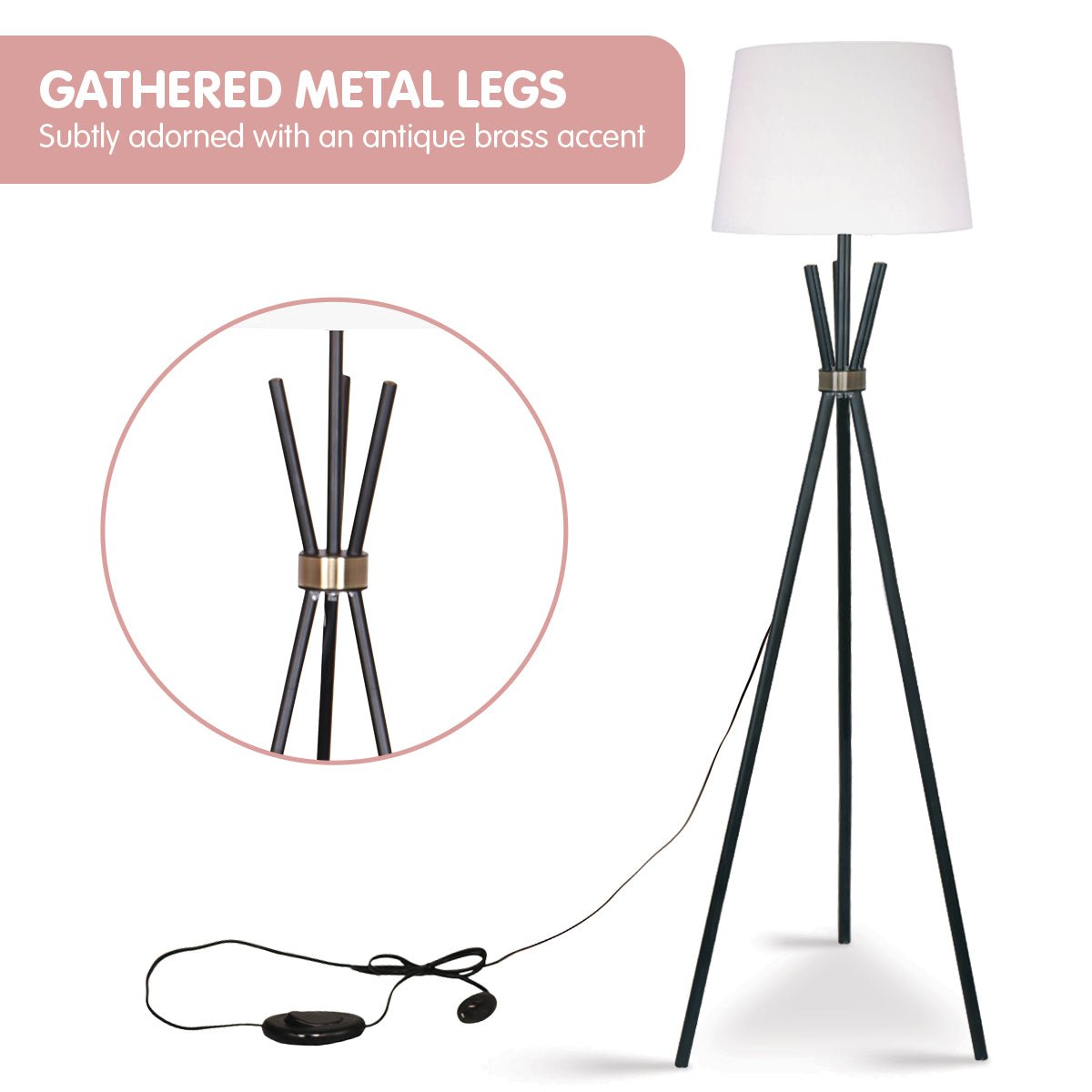 Sarantino Tripod Floor Lamp in Metal and Antique Brass-Home & Garden > Lighting-Koala Lamps and Lighting