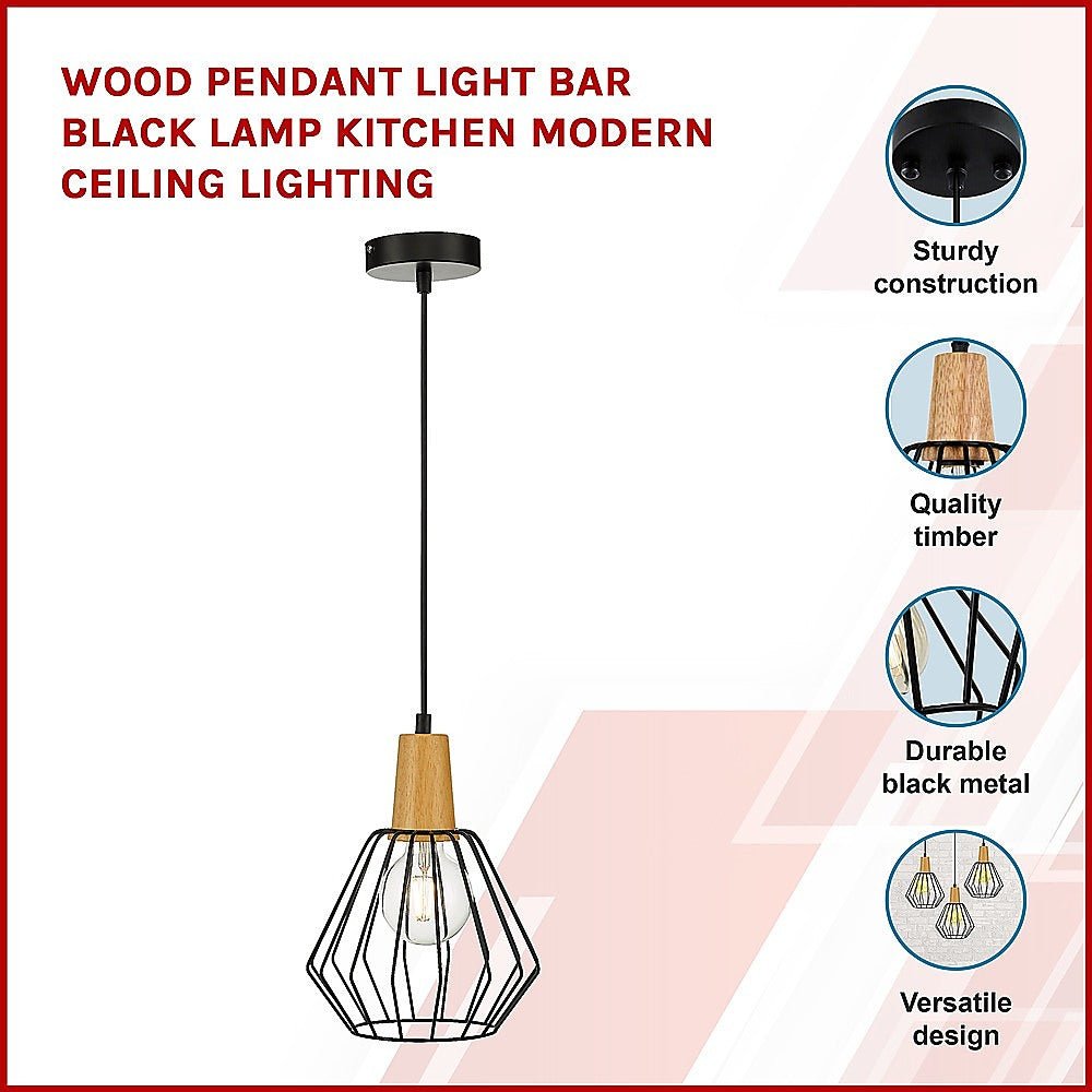 Wood Pendant Light Bar Black Lamp Kitchen Modern Ceiling Lighting-Home & Garden > Lighting-Koala Lamps and Lighting